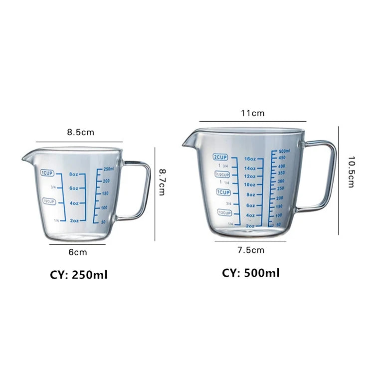 Taza medidora de vidrio de 250/500 ml., jarra de leche, café,...