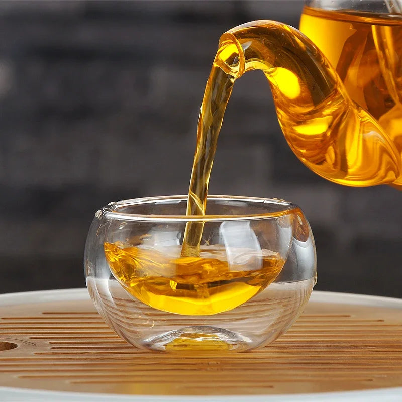 Juego de vasos de té pequeños de vidrio de doble capa transparente resistente al calor, vasos de té chinas