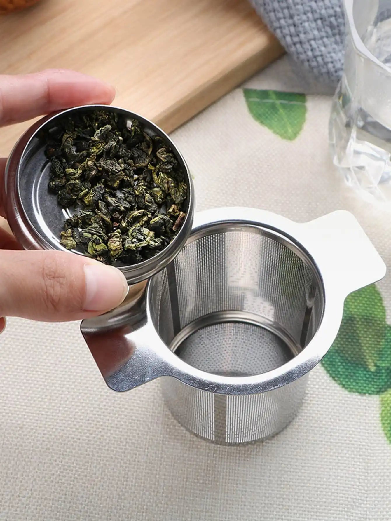 Infusor de té de doble asa con tapa, filtro de café de malla fina de acero inoxidable, colador de té de hojas sueltas