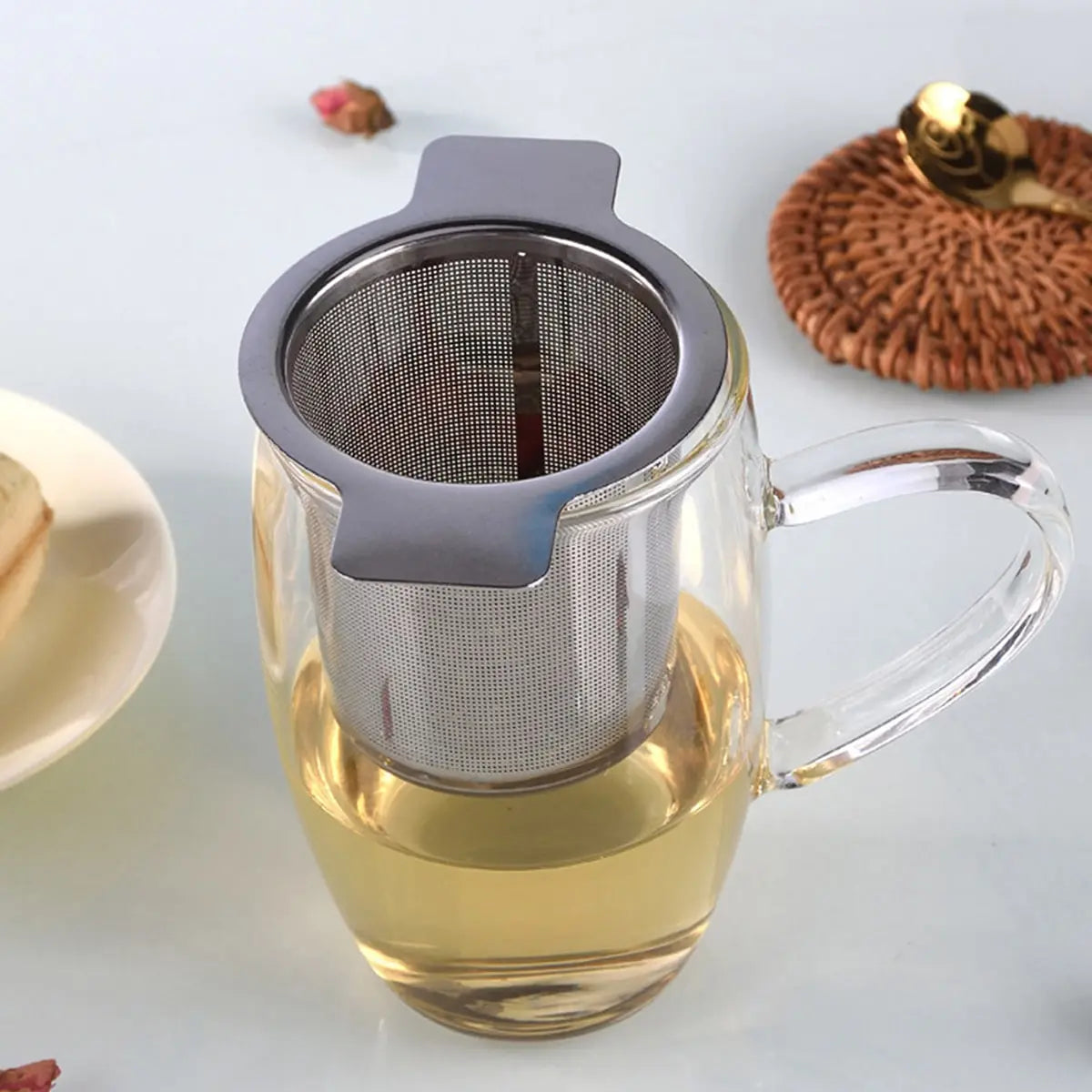 Infusor de té de doble asa con tapa, filtro de café de malla fina de acero inoxidable, colador de té de hojas sueltas